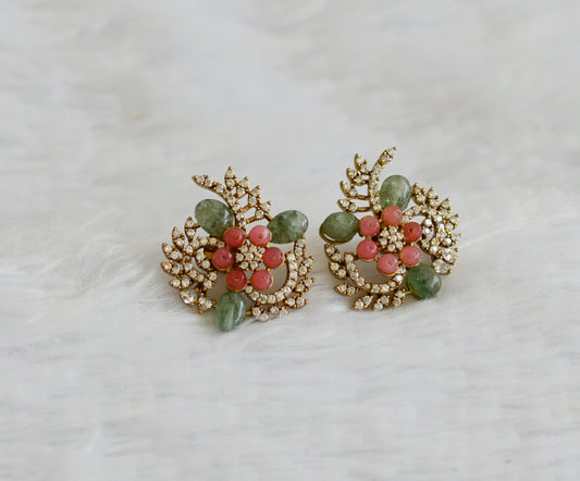 Antique gold tone cz pink-sea green beaded victorian flower earrings dj-50882