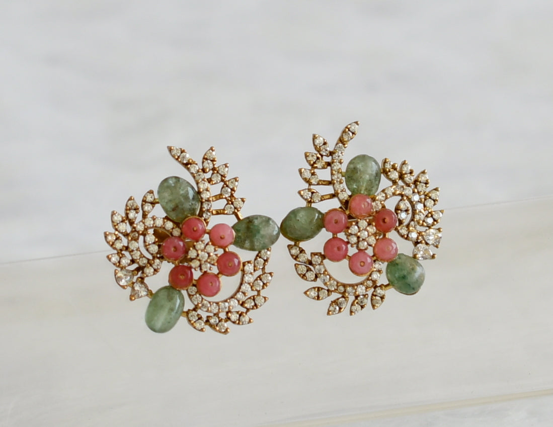 Antique gold tone cz pink-sea green beaded victorian flower earrings dj-50882
