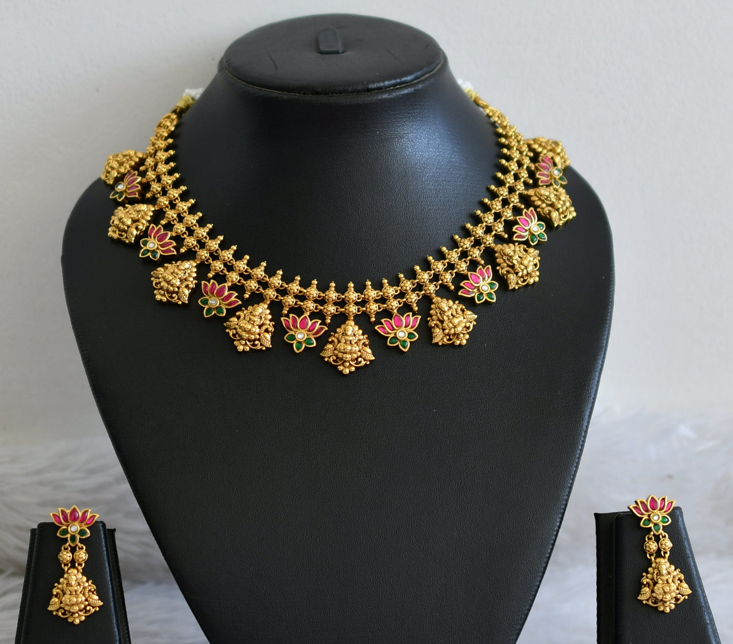 Antique gold tone pink-green-white kundan jadau lotus lakshmi necklace set dj-48936