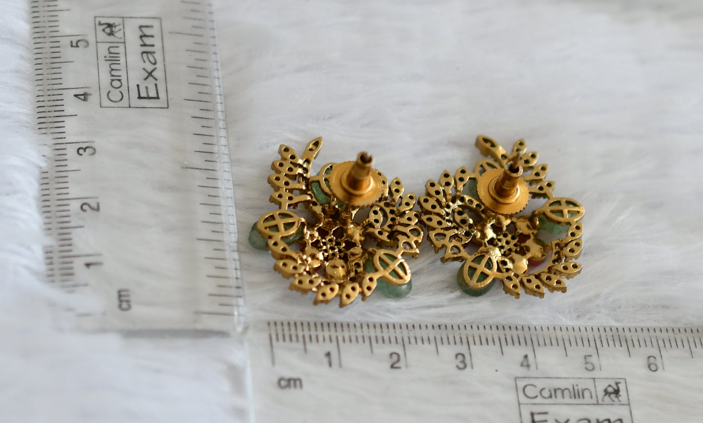 Antique gold tone cz pink-sea green beaded victorian flower earrings dj-50882