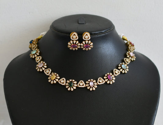 Antique gold tone cz multi color oval stone flower necklace set dj-50888