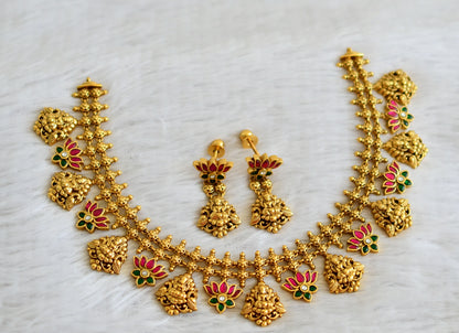 Antique gold tone pink-green-white kundan jadau lotus lakshmi necklace set dj-48936