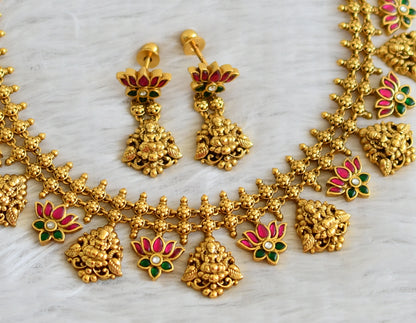 Antique gold tone pink-green-white kundan jadau lotus lakshmi necklace set dj-48936