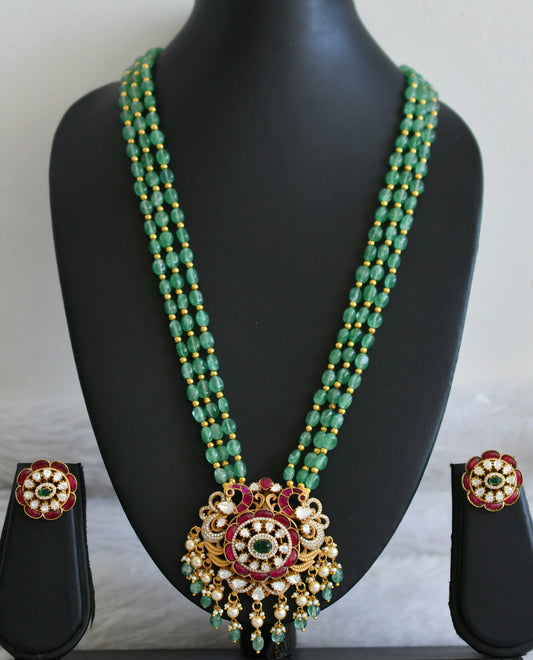 Matte finish pink-green-white kundan jadau green beaded peacock haar set dj-48935