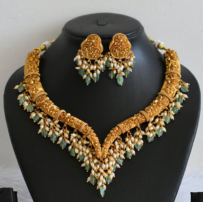 Matte finish flower rice pearl green beaded necklace set dj-50890