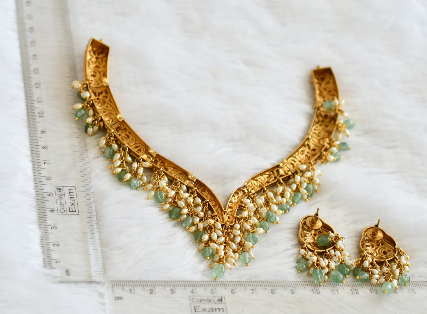 Matte finish flower rice pearl green beaded necklace set dj-50890