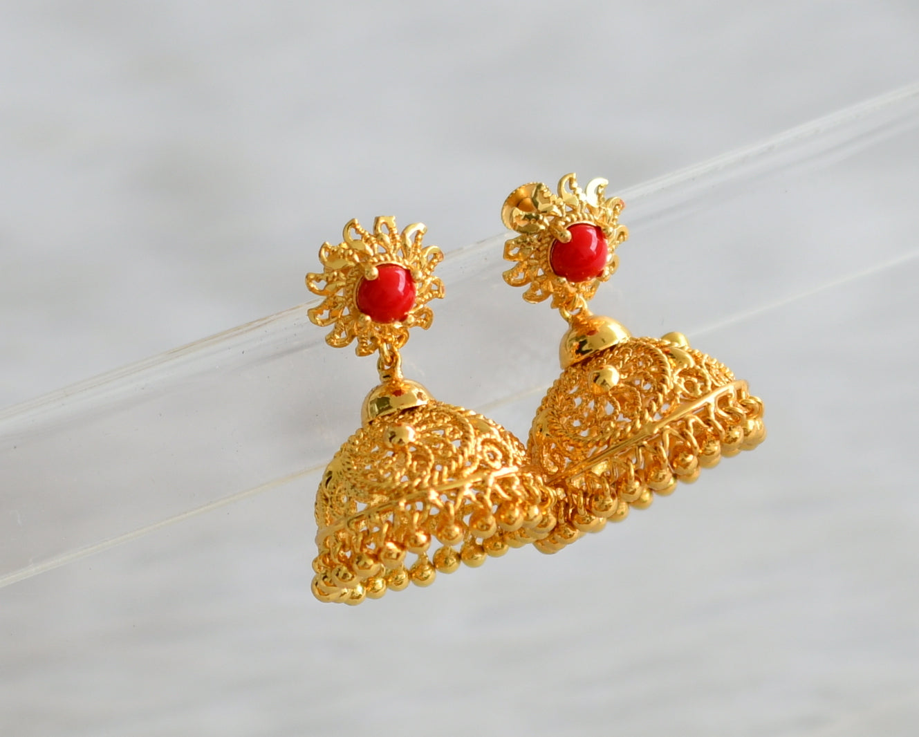 Gold tone coral stone jhumkka dj-43801