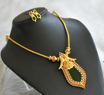 Gold tone pink-green nagapadam kerala style lakshmi brid necklace set dj-45448