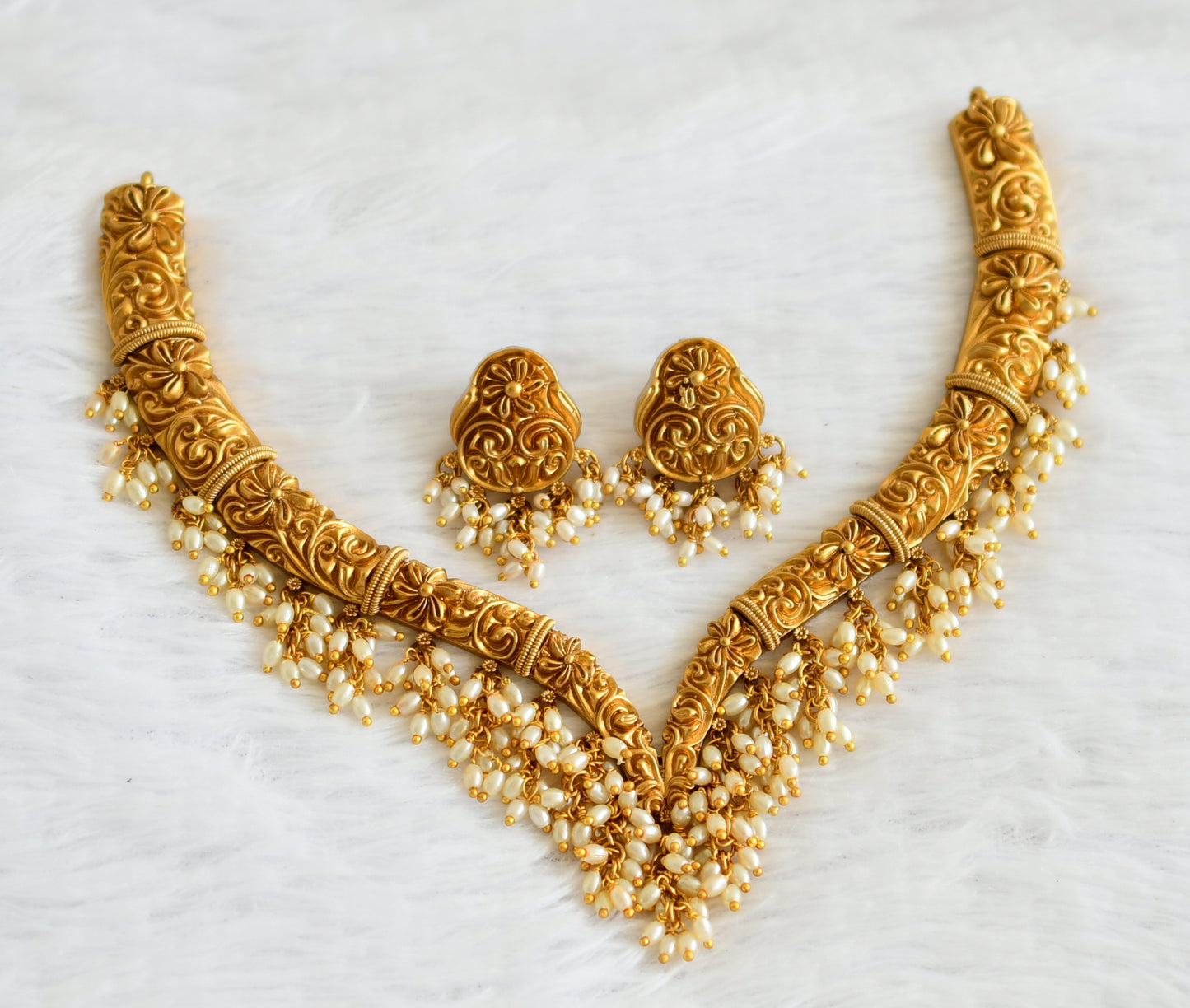 Matte finish flower rice pearl kante necklace set dj-50891