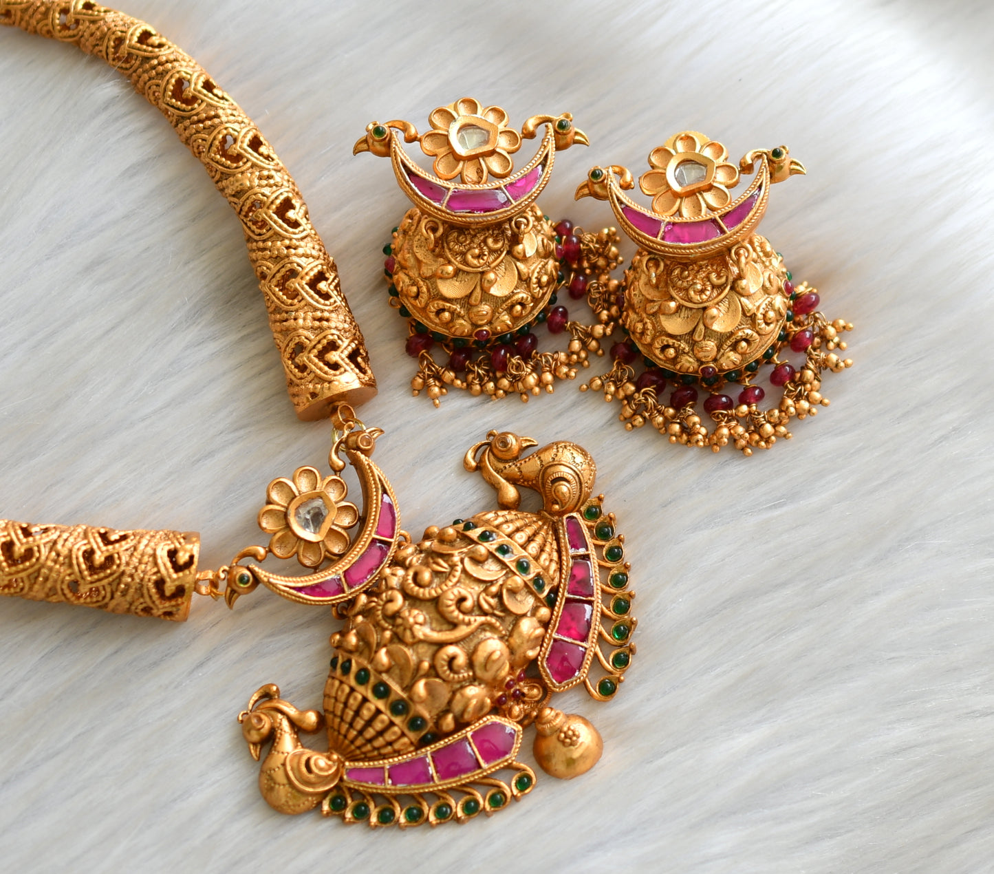 Matte finish kundan Jadau peacock necklace set dj-27608