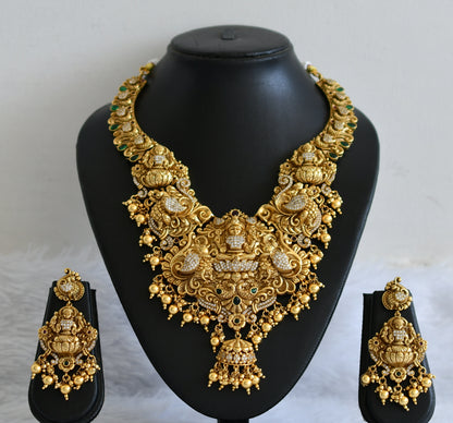 Antique gold tone kemp-green-white lakshmi peacock elephant nakshi necklace set dj-50892