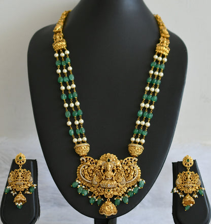 Antique gold tone kemp-green-white pearl-green beaded lakshmi peacock short haar set dj-50893