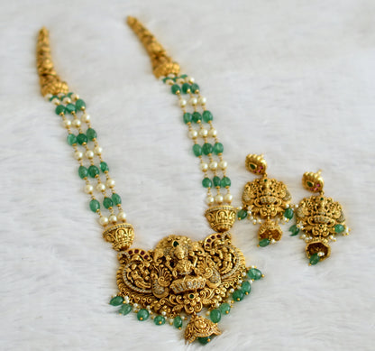 Antique gold tone kemp-green-white pearl-green beaded lakshmi peacock short haar set dj-50893