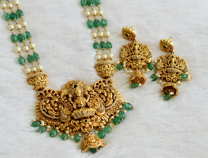 Antique gold tone kemp-green-white pearl-green beaded lakshmi peacock short haar set dj-50893