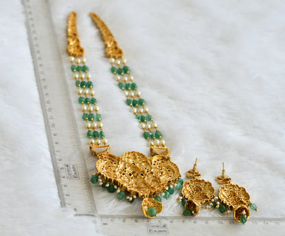 Antique gold tone kemp-green-white pearl-green beaded lakshmi peacock short haar set dj-50893