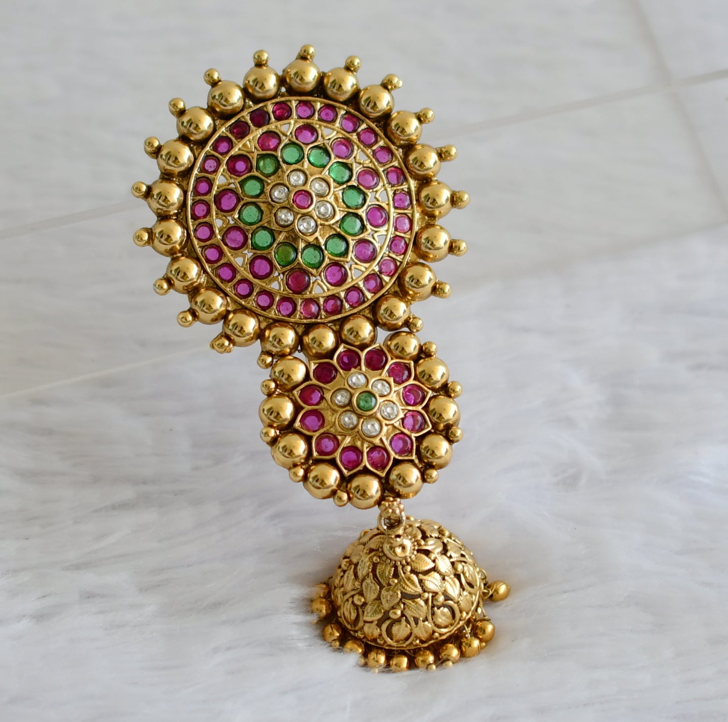 Antique gold tone kemp-green-white flower hair jewel dj-50886