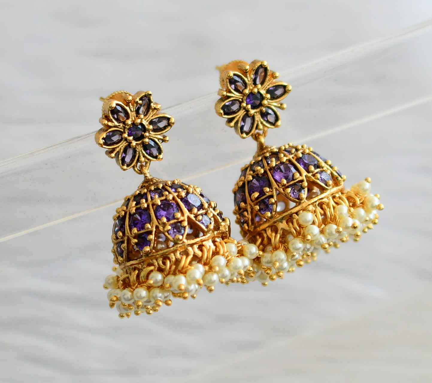 Matte finish purple stone pearl cluster flower jhumkka dj-45466