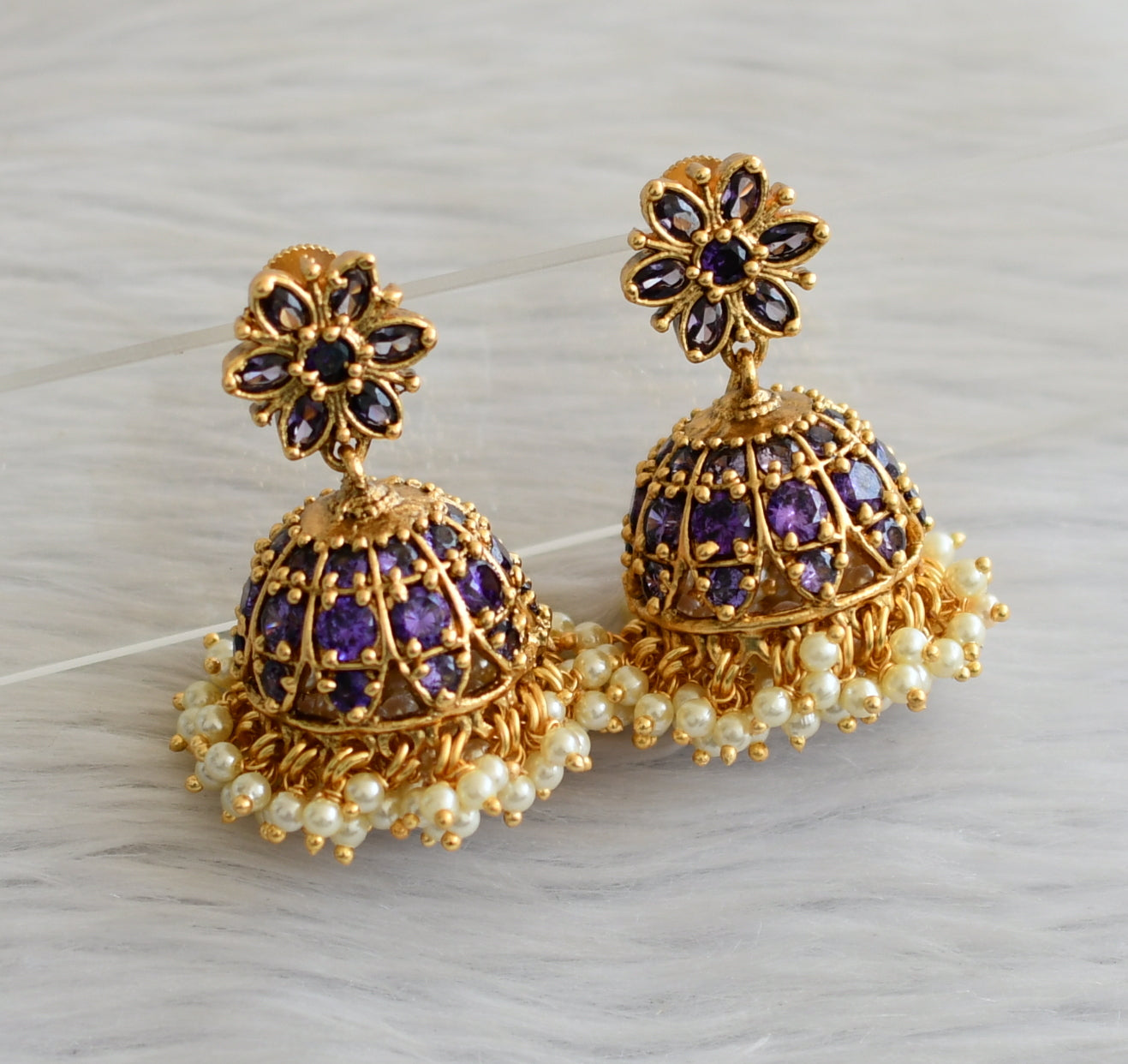 Matte finish purple stone pearl cluster flower jhumkka dj-45466