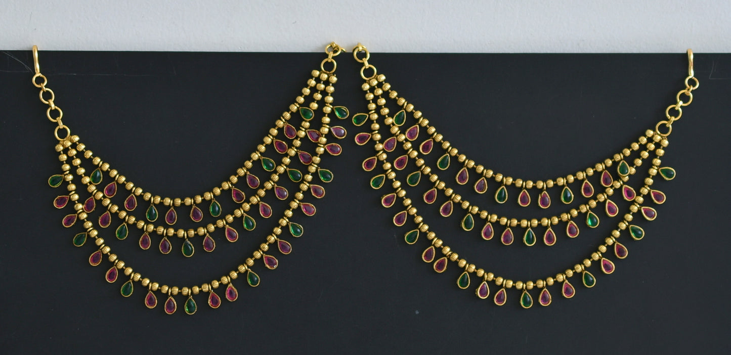 Antique gold tone kemp-green multi layer ear side chain dj-50883