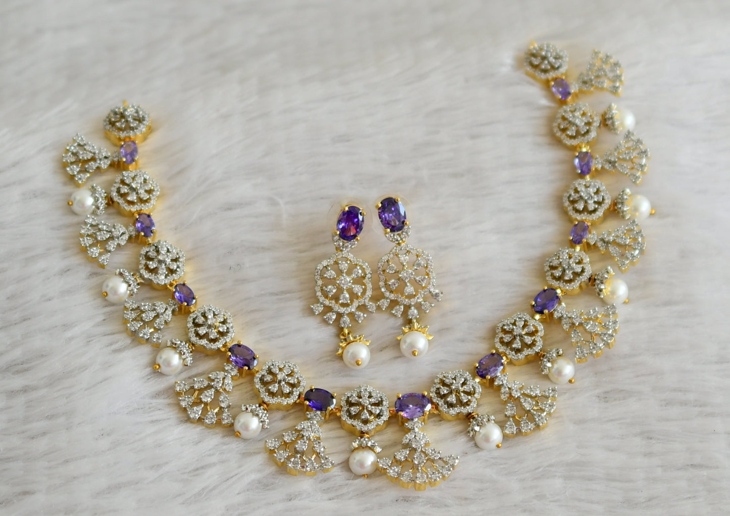 Two tone cz white-purple oval stone pearl flower necklace set dj-48937