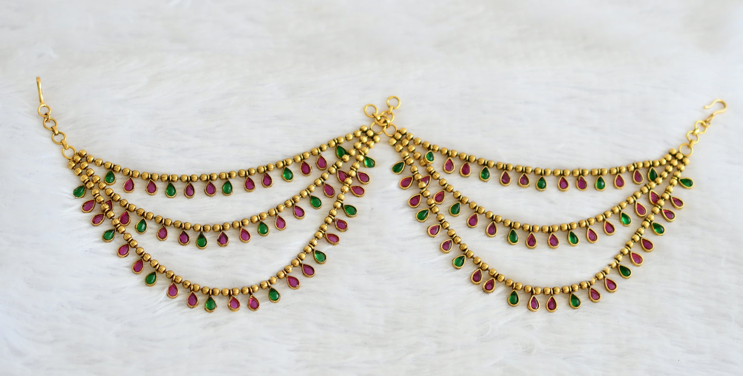 Antique gold tone kemp-green multi layer ear side chain dj-50883