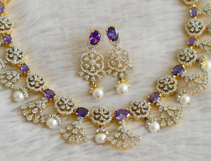 Two tone cz white-purple oval stone pearl flower necklace set dj-48937