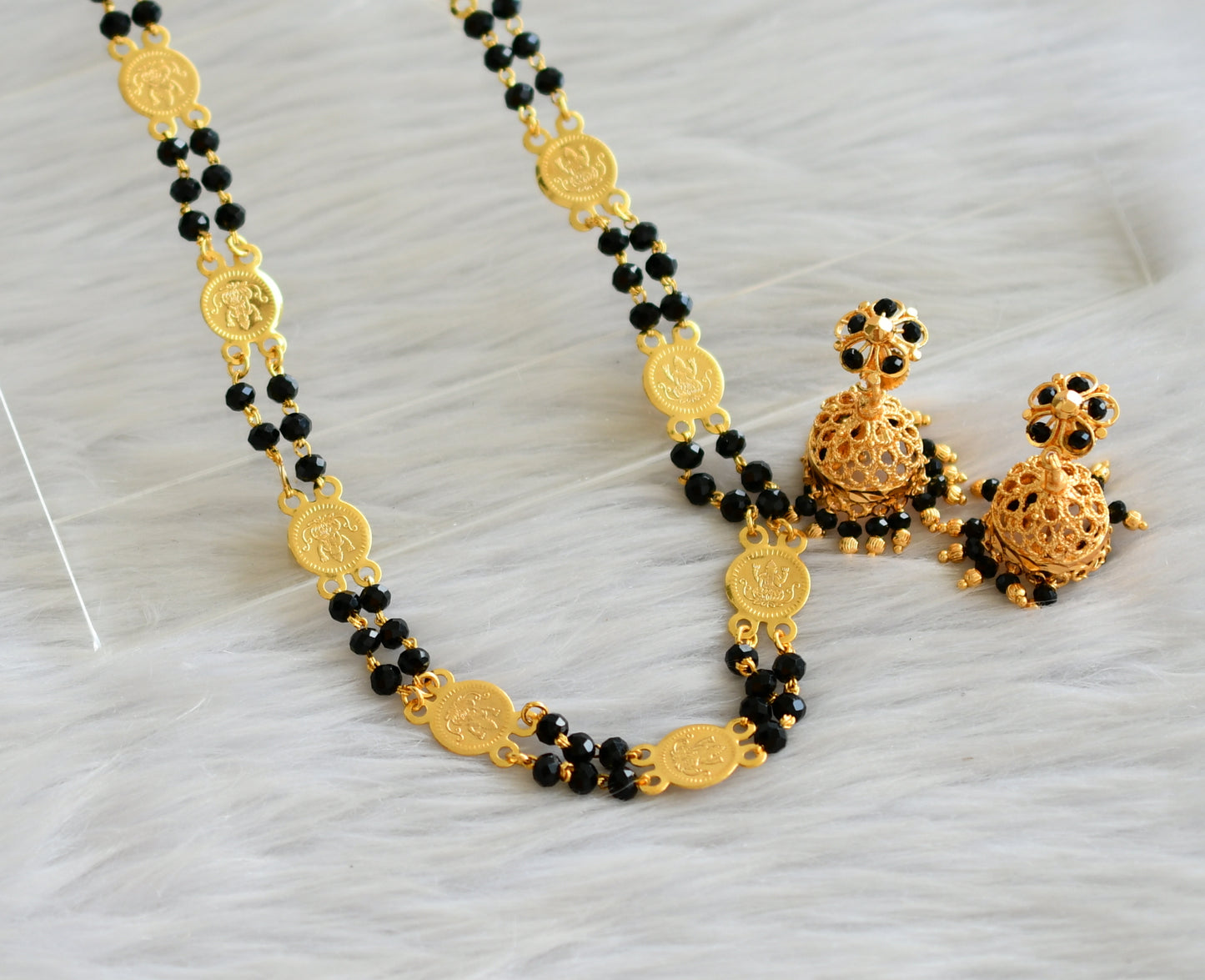 Gold tone black bead lakshmi coin chain set dj-43790