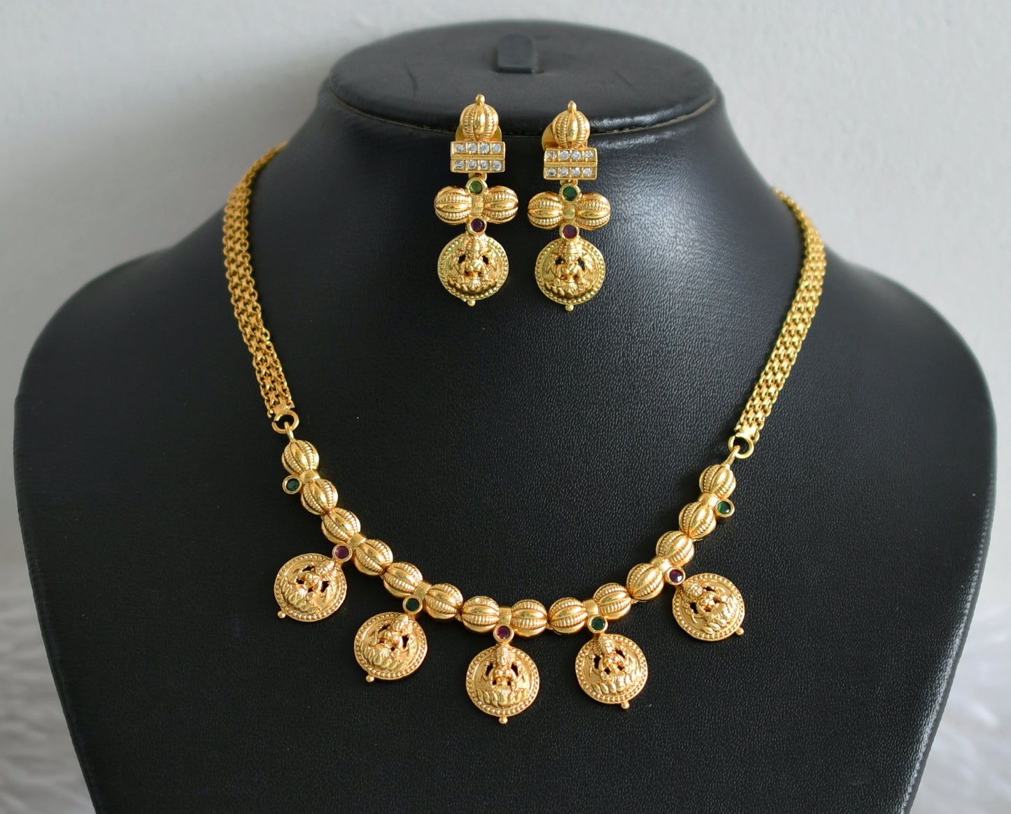 Matte finish ruby-green lakshmi coin necklace set dj-48956