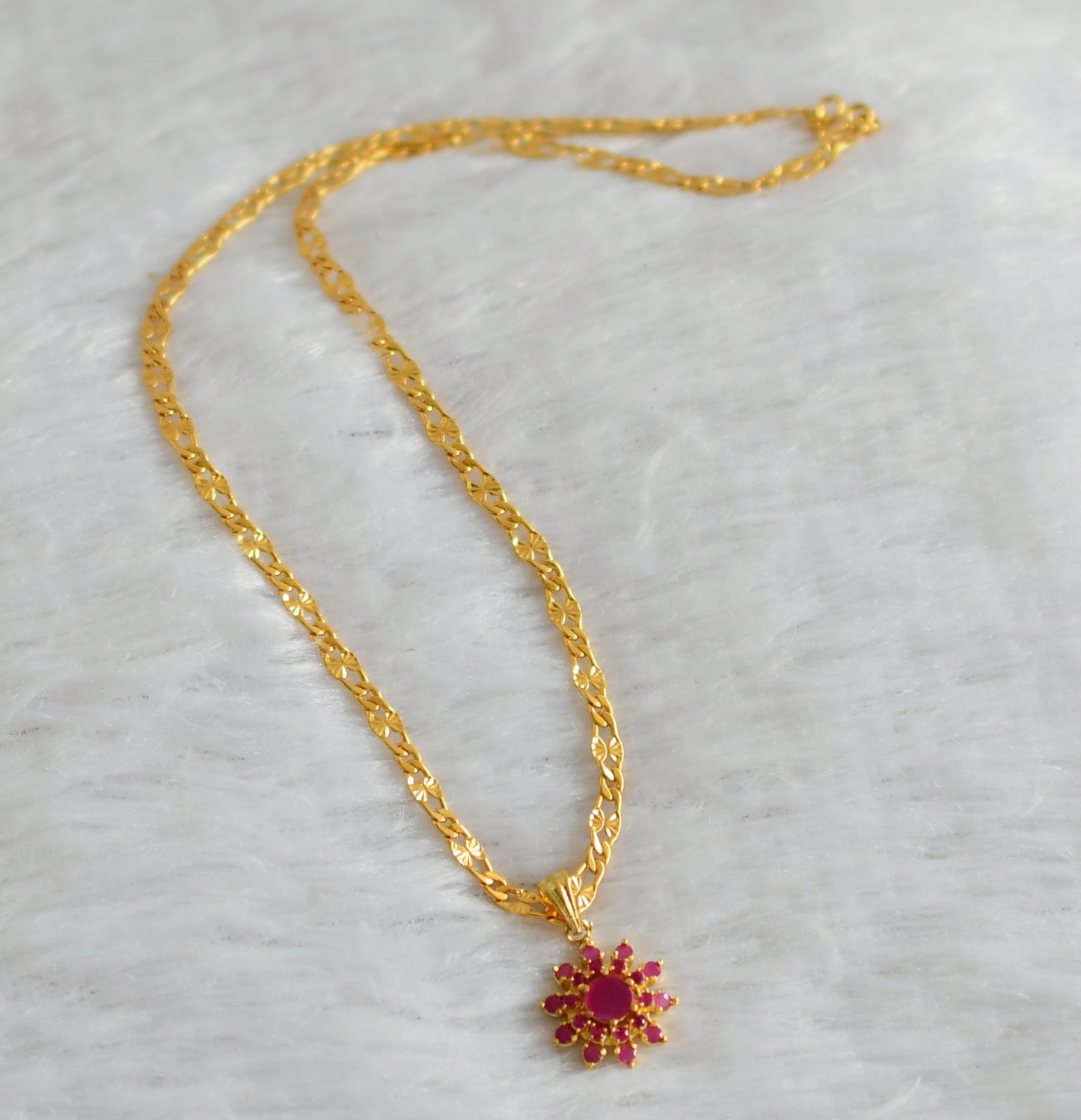 Gold tone 18 inches chain with ruby stone flower pendant dj-47137