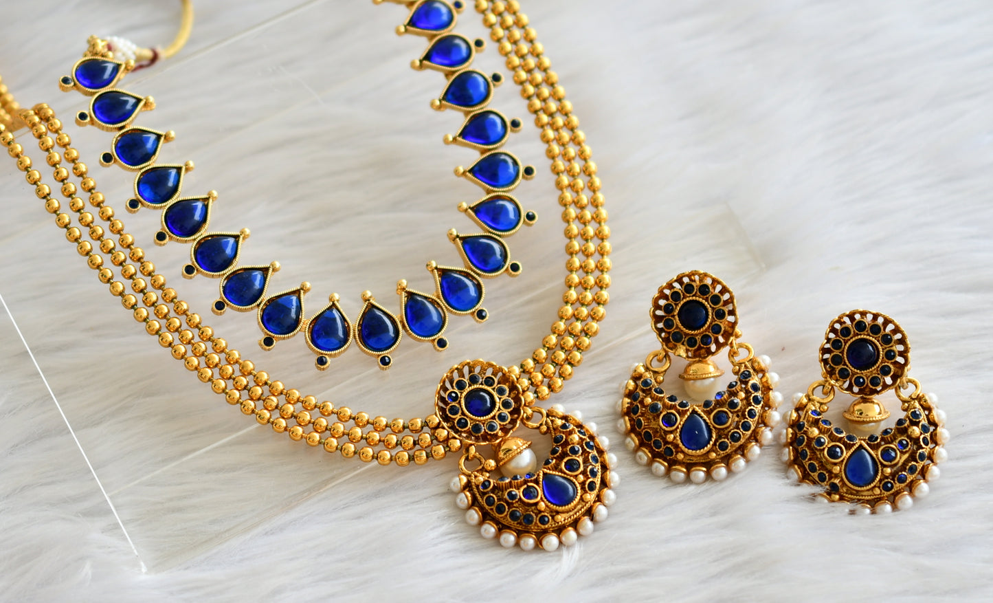 Antique gold tone blue-pearl combo set dj-43797
