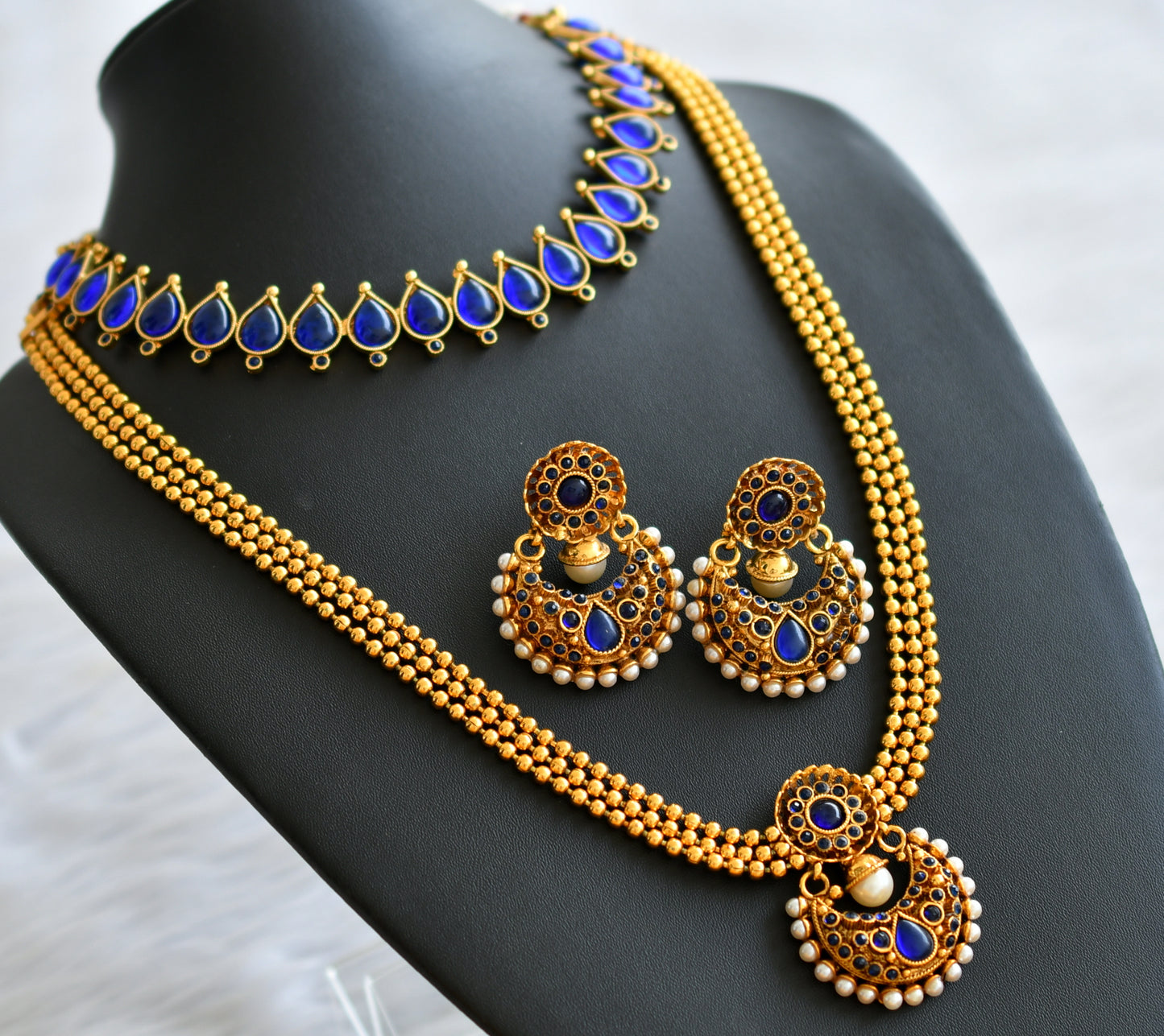 Antique gold tone blue-pearl combo set dj-43797