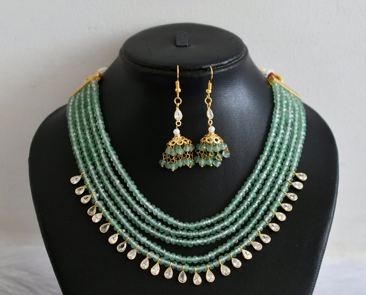 Gold tone cz white stone green beaded multi layer necklace set dj-50895