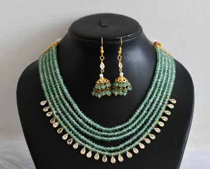 Gold tone cz white stone green beaded multi layer necklace set dj-50895