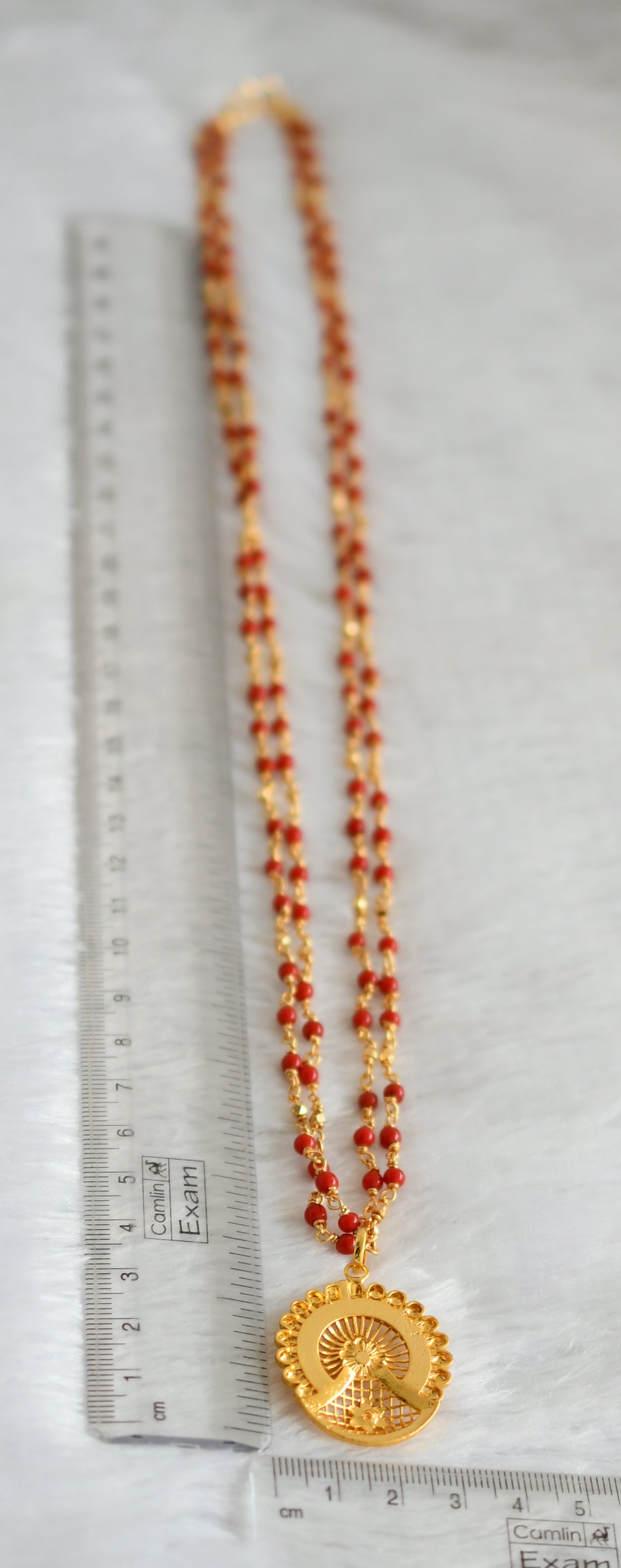 Gold tone coral 24 inches double layer chain with white stone pendant dj-47158