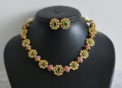 Matte finish ruby-green-white flower necklace set dj-48958