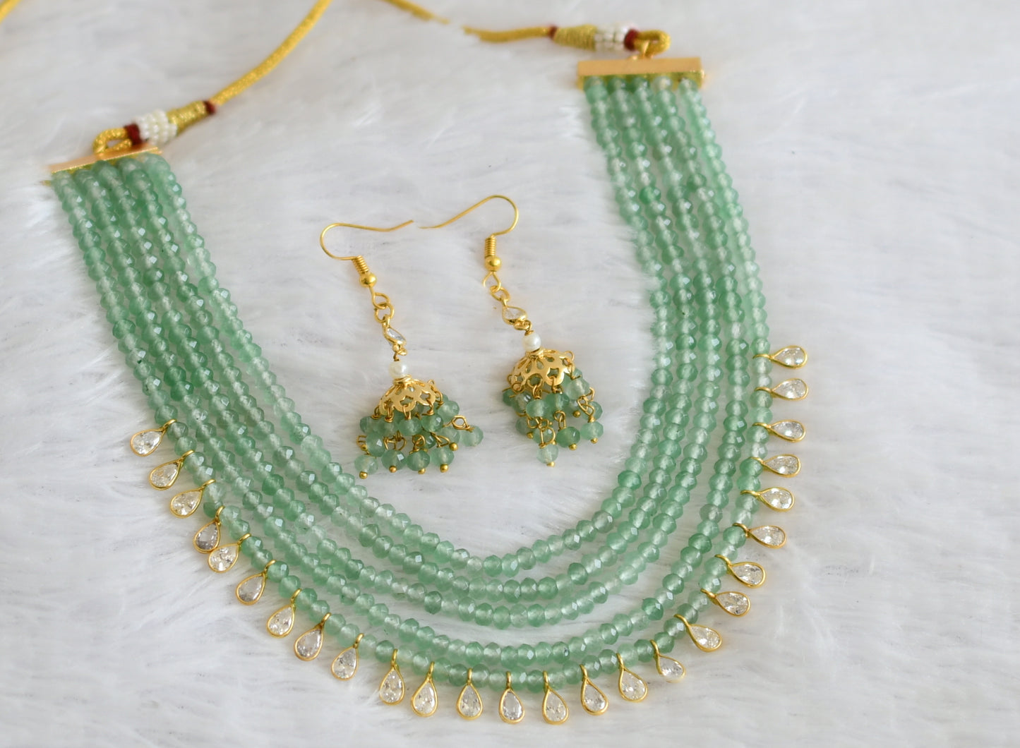 Gold tone cz white stone green beaded multi layer necklace set dj-50895