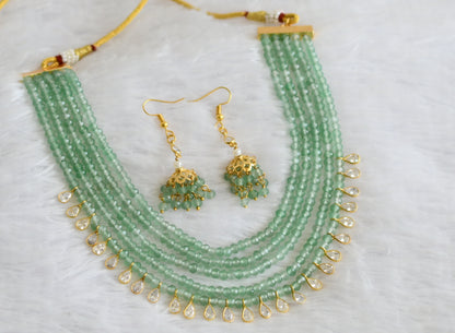 Gold tone cz white stone green beaded multi layer necklace set dj-50895