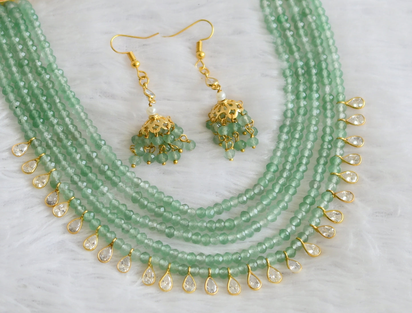 Gold tone cz white stone green beaded multi layer necklace set dj-50895
