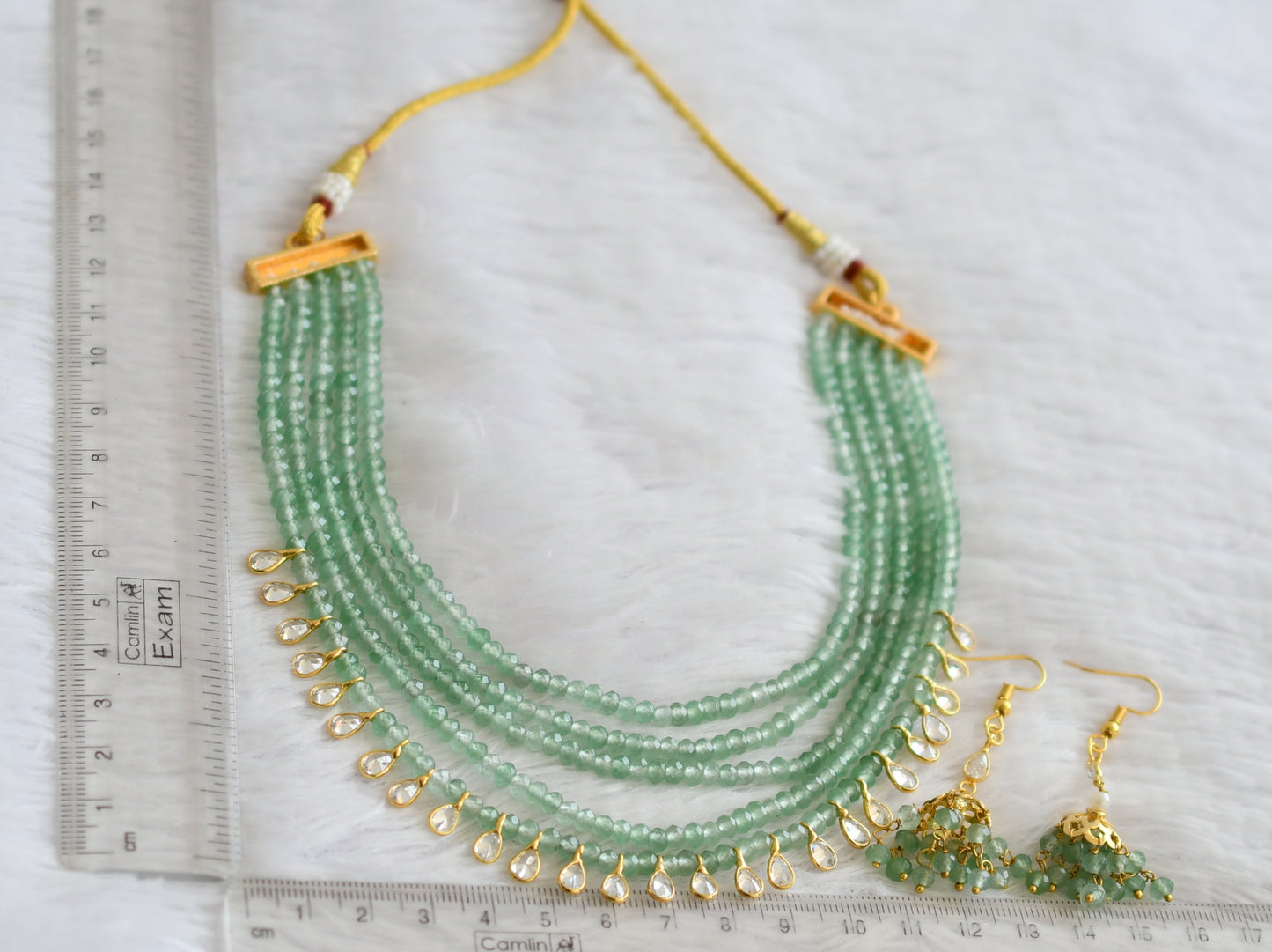 Gold tone cz white stone green beaded multi layer necklace set dj-50895