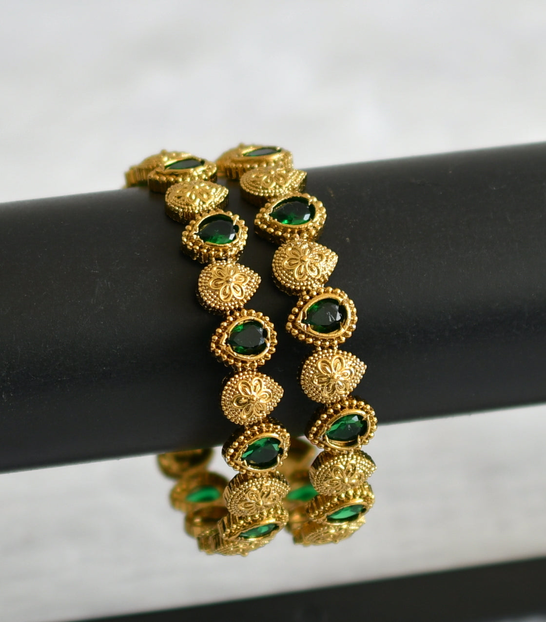 Antique gold tone bottle green thilak stone bangles(2.4) dj-50896