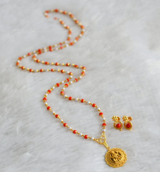 Gold tone 30inches red-pearl beaded chain with lakshmi pendant set dj-47161