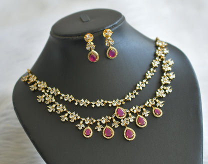 Matte finish ruby-white double layer necklace set dj-45472