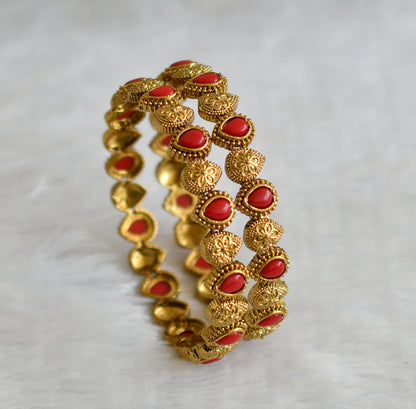 Antique gold tone coral thilak stone bangles(2.4) dj-50908