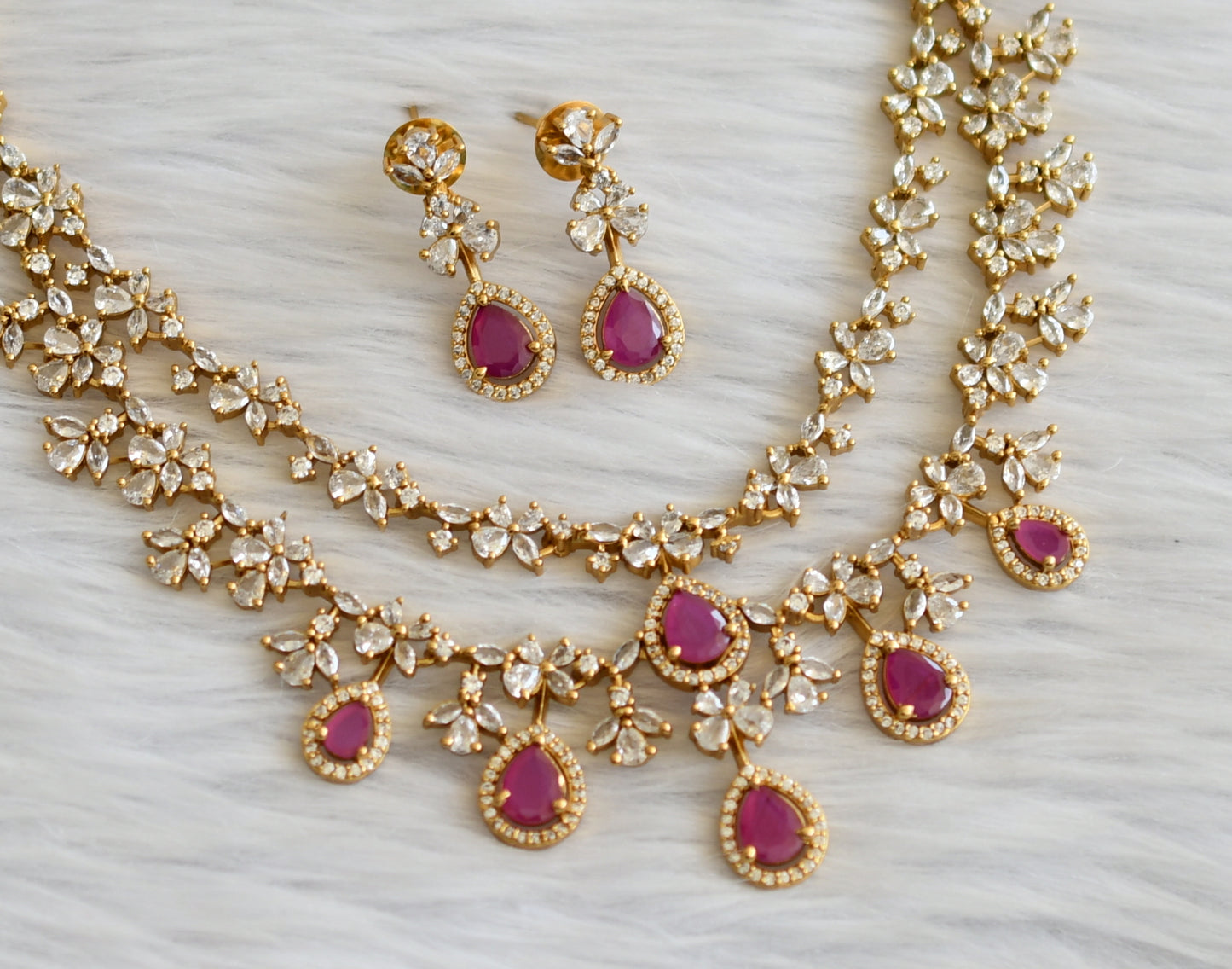 Matte finish ruby-white double layer necklace set dj-45472