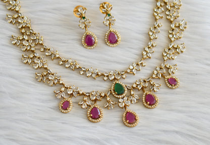 Matte finish ruby-green-white double layer necklace set dj-45471