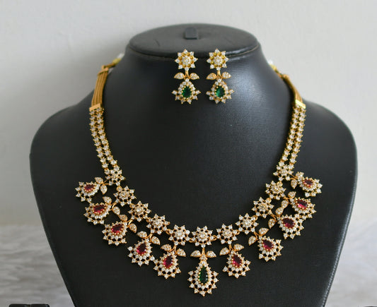 Matte finish cz magenta pink-green thilak stone flower necklace set dj-48964