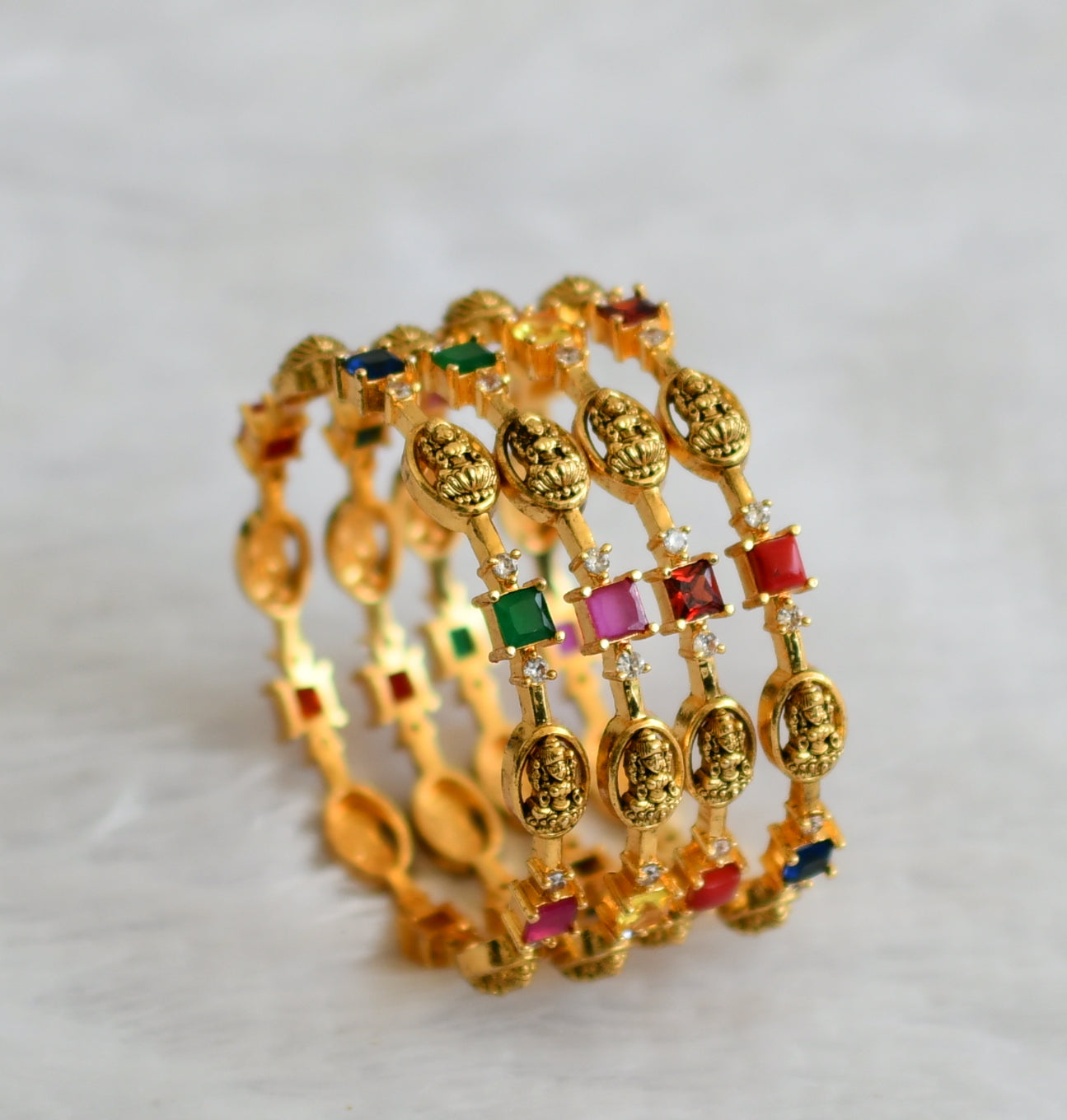 Antique gold tone cz navarathna block stone lakshmi set of 4 bangles(2.4) dj-50931