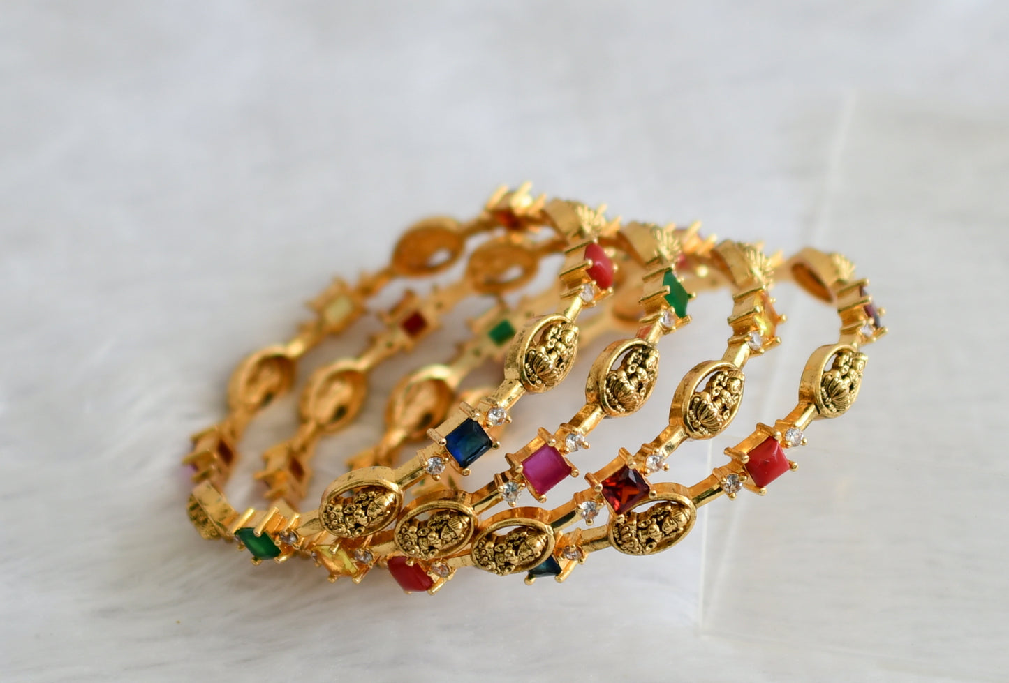 Antique gold tone cz navarathna block stone lakshmi set of 4 bangles(2.6) dj-50932
