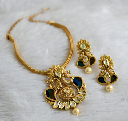 Antique gold tone real peacock feather white kundan necklace set dj-47165