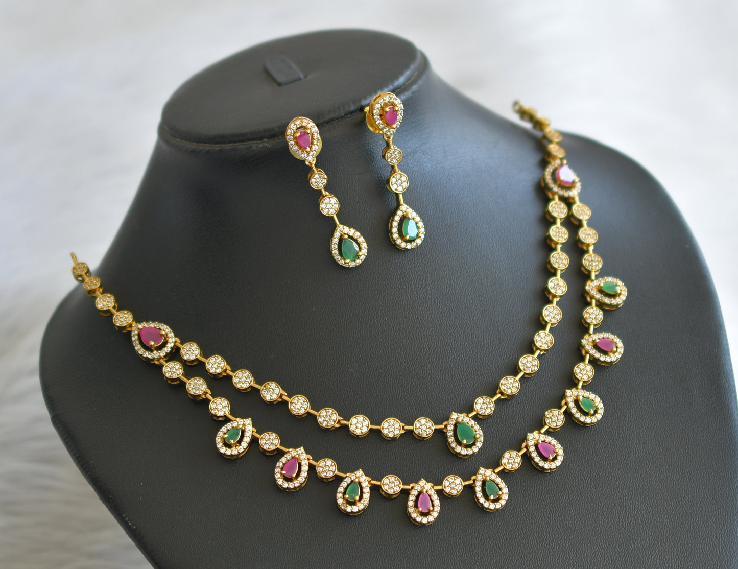 Matte finish ruby-green-white double layer necklace set dj-45473